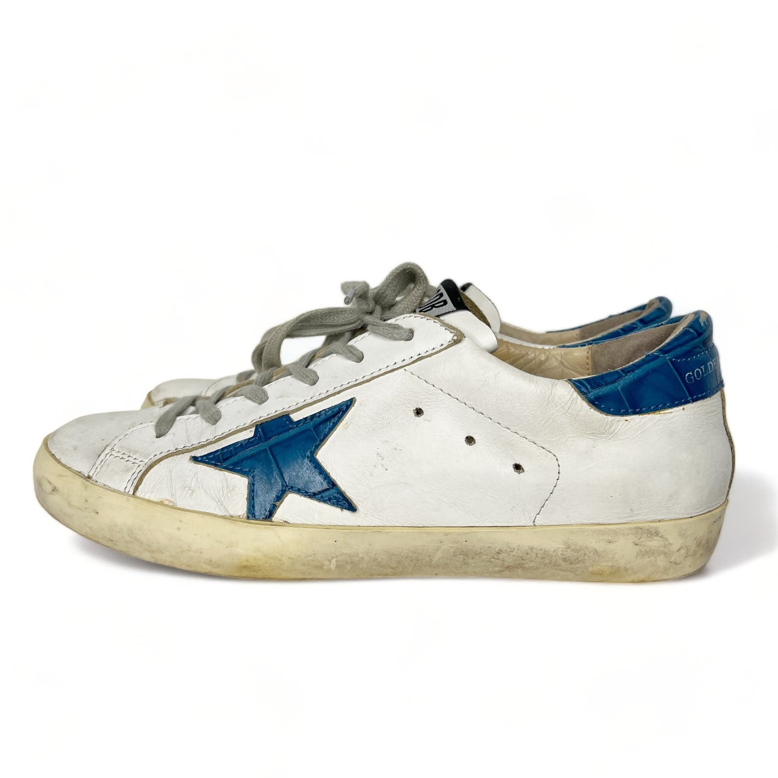 Golden Goose White Leather Sneakers With Blue Star And Heel Patch